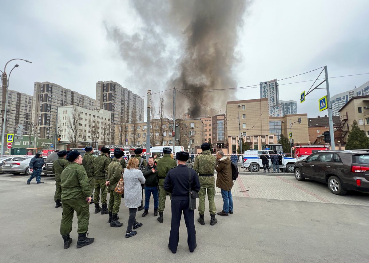 Smoke rises near a building belonging to the border patrol section of Russia's FSB federal security service in the southern city of Rostov.