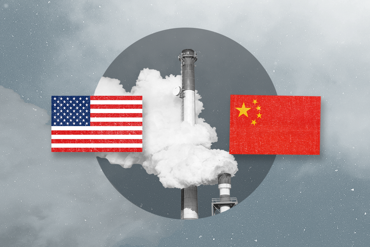 Smokestack surrounded by flags of the US and China