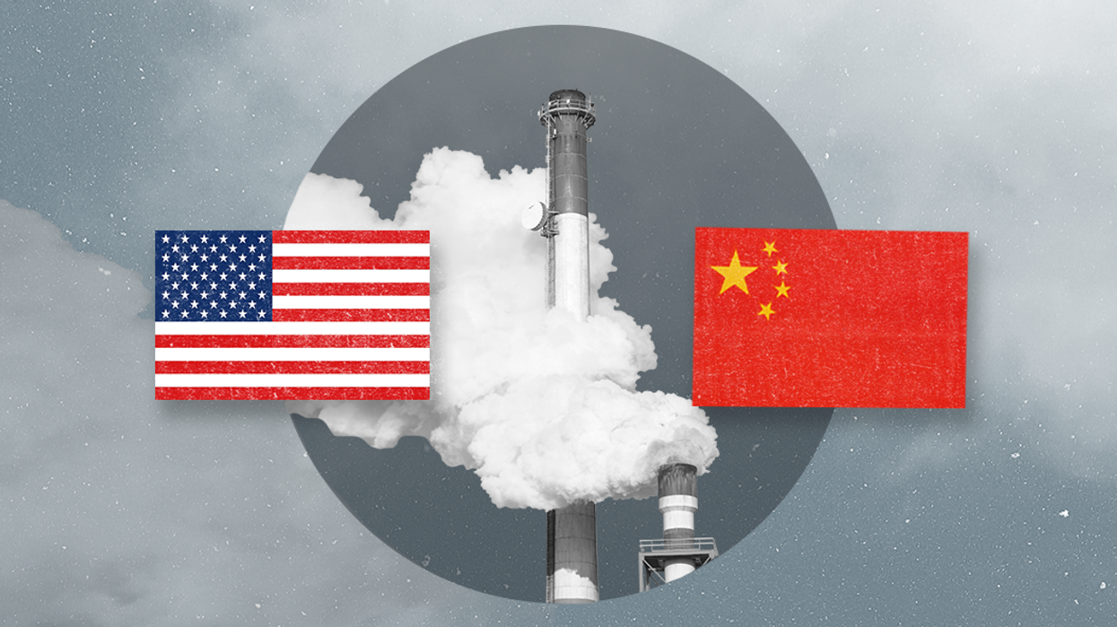 Smokestack surrounded by flags of the US and China