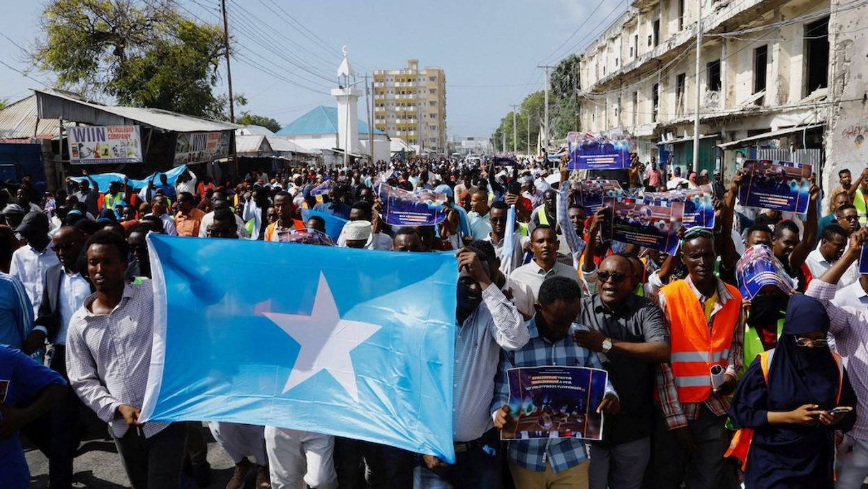 Somali people march against the Ethiopia-Somaliland port deal at the Yarisow stadium in Mogadishu, Somalia January 3, 2024.