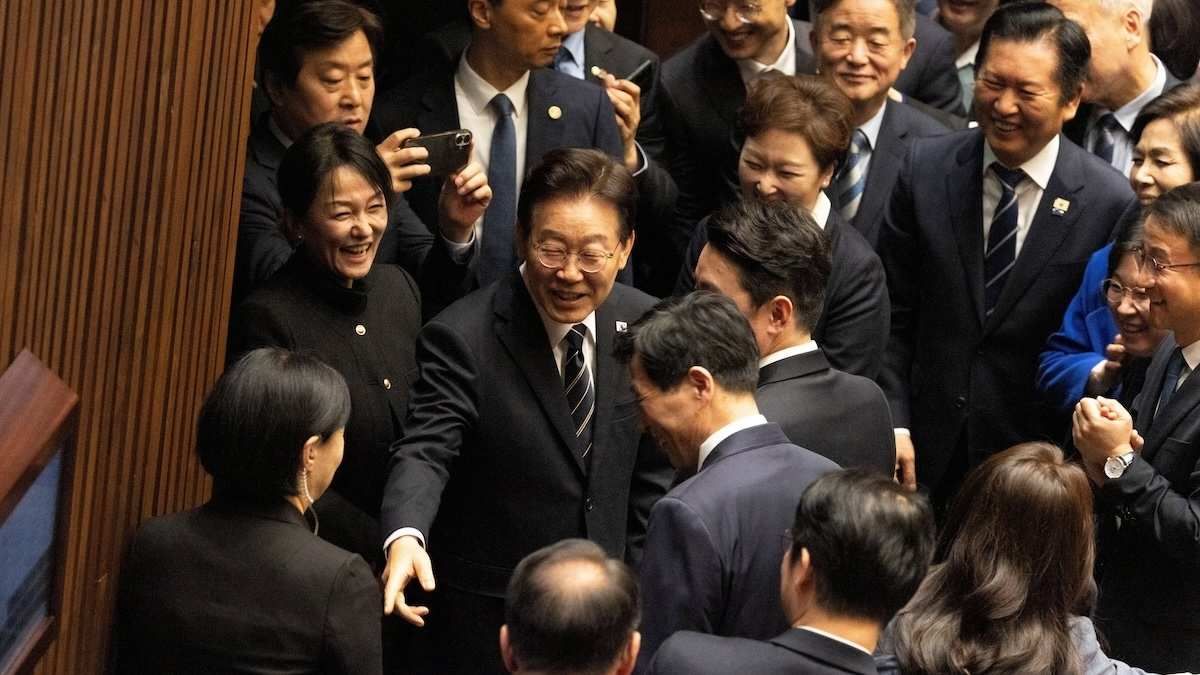 South Korean President Lee Jae Myung leaving after giving a speech