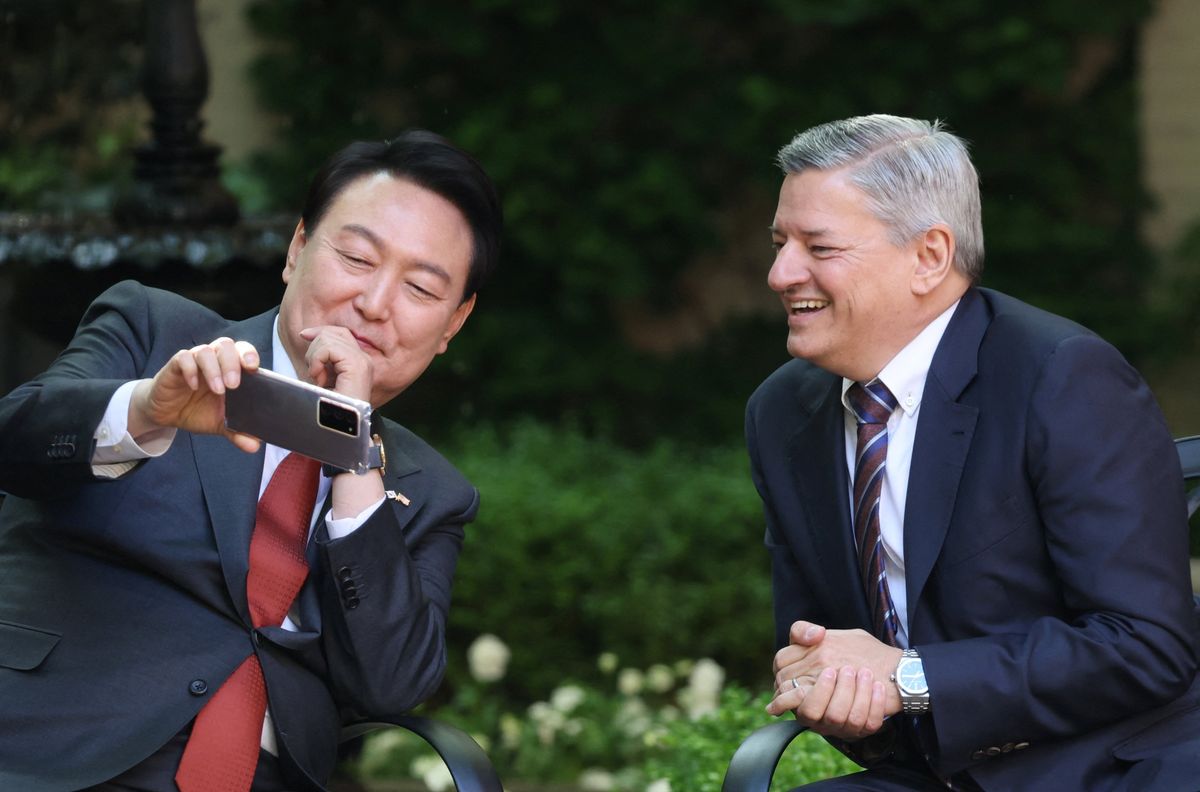 South Korean President Yoon Suk Yeol meets with Netflix co-CEO Ted Sarandos during a news conference in Washington, DC.
