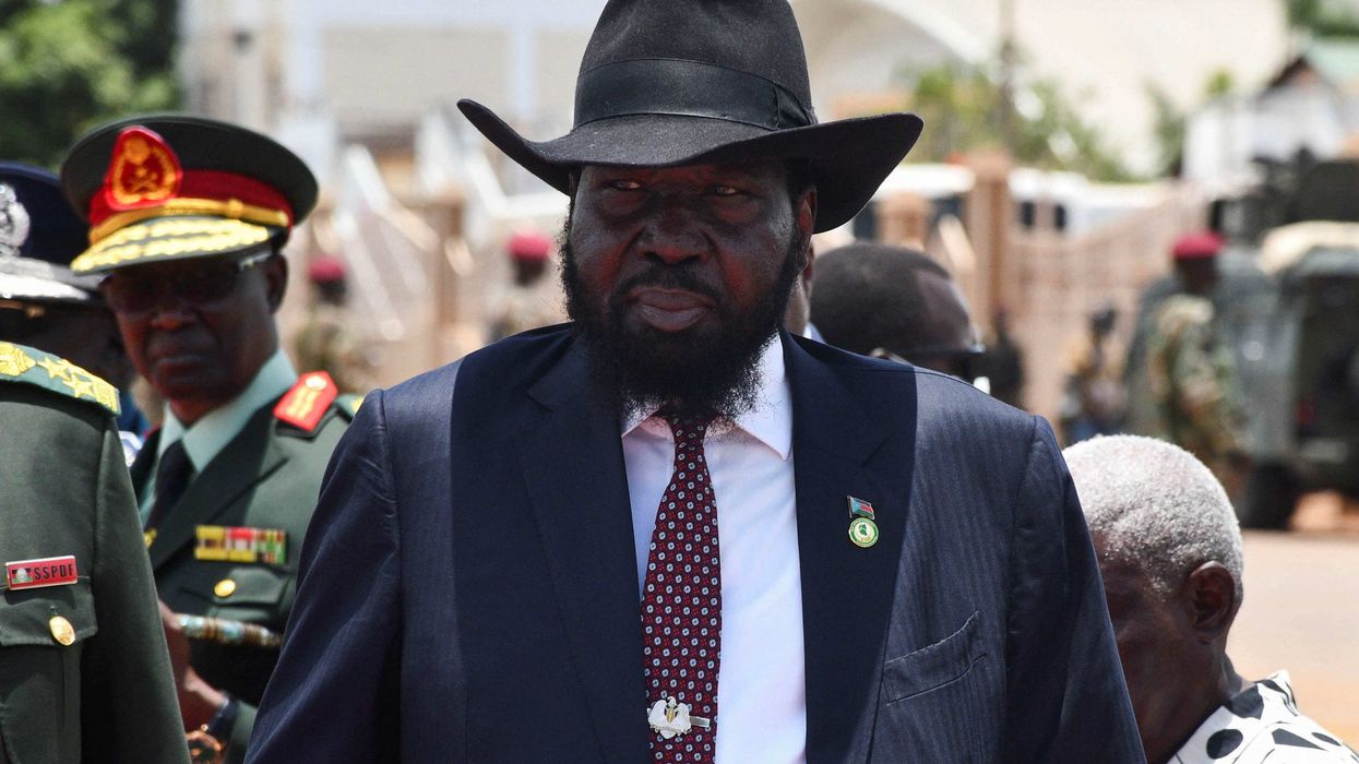 South Sudan President Salva Kiir prepares to welcome Uganda's President Yoweri Museveni at the Juba International Airport, ahead of meetings aimed at averting a new civil war after South Sudan's First Vice President Riek Machar was placed under house arrest, in Juba, South Sudan April 3, 2025.