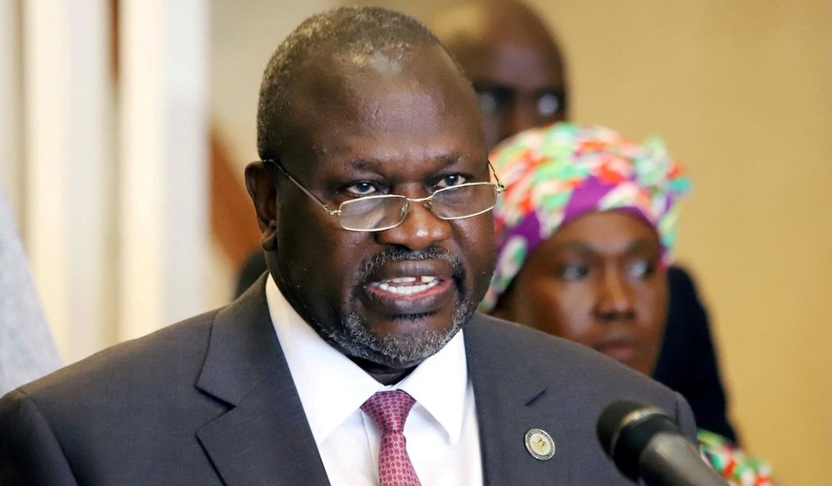 South Sudan's Vice President Riek Machar, pictured here addressing the press in 2020. 