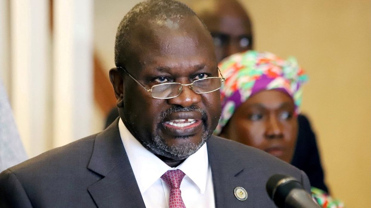South Sudan's Vice President Riek Machar, pictured here addressing the press in 2020.