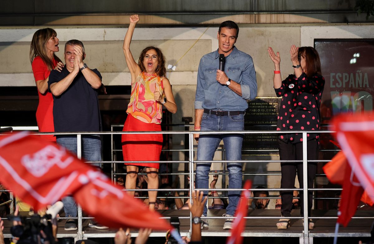 Spain's PM and PSOE party leader Pedro Sánchez delivers a speech on the day of the general election in Madrid.