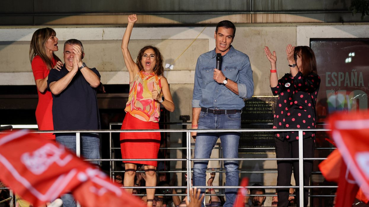 Spain's PM and PSOE party leader Pedro Sánchez delivers a speech on the day of the general election in Madrid.