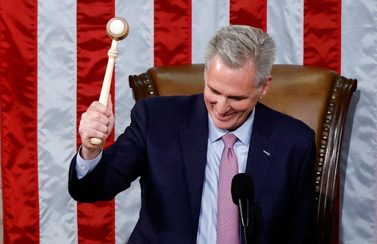 ​Speaker of the House Kevin McCarthy (R-CA) bangs the gavel for the first time after being elected the 55th speaker of the U.S. House of Representatives in a late night 15th round of voting on January 7, 2023.