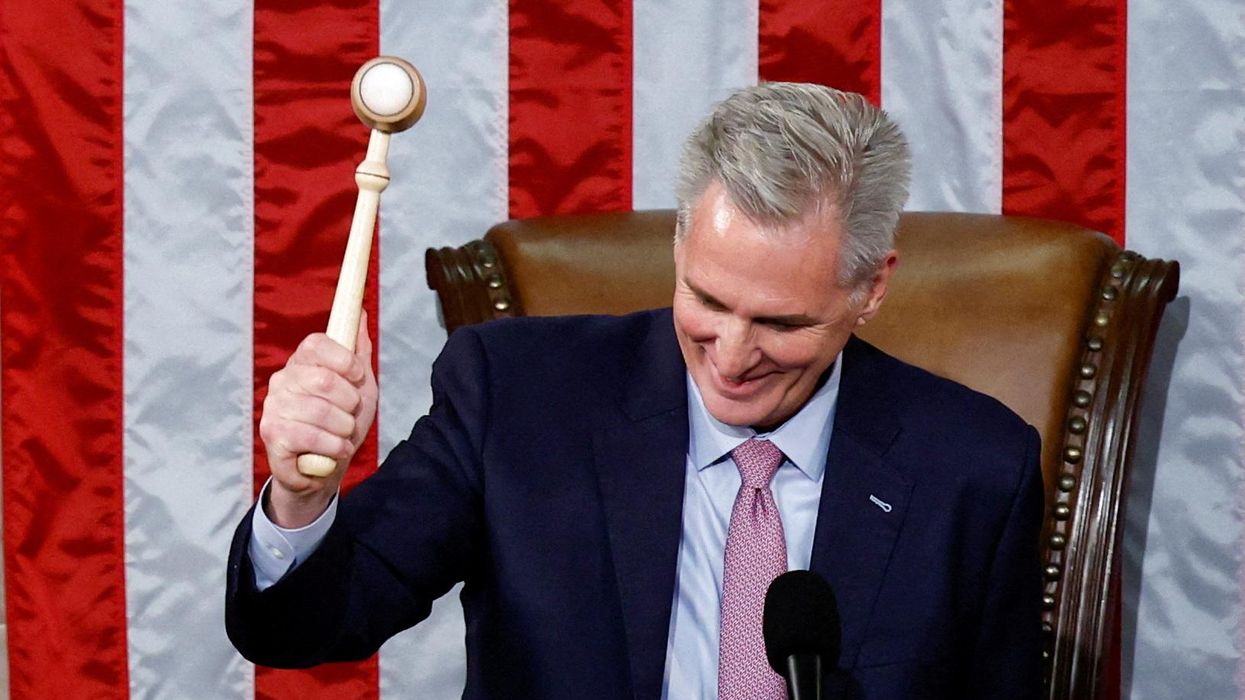 Speaker of the House Kevin McCarthy (R-CA) bangs the gavel for the first time after being elected the 55th speaker of the U.S. House of Representatives in a late night 15th round of voting on January 7, 2023.