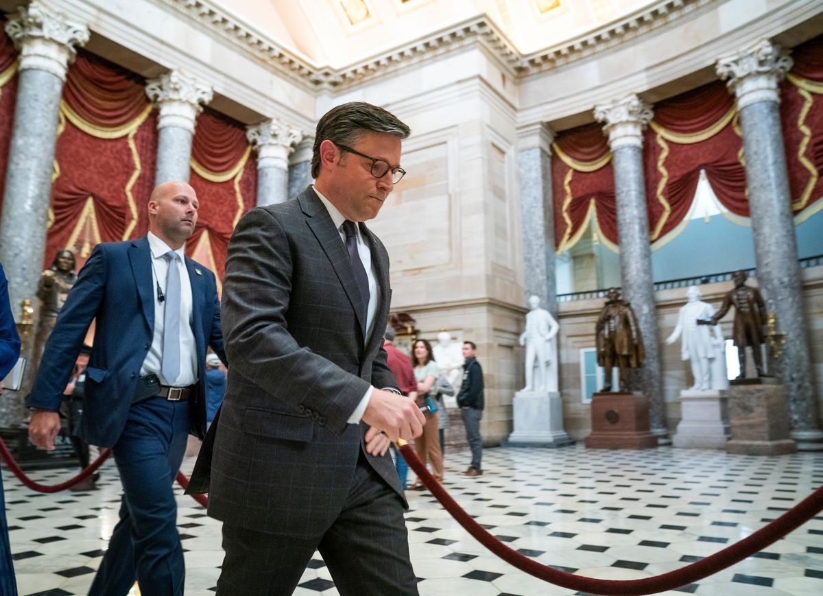 Speaker of the House Mike Johnson, R-LA., returns to his office in the US Capitol on Monday, Nov. 13, 2023.