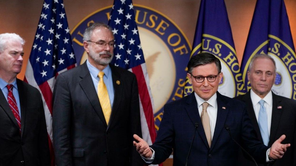 Speaker of the House Mike Johnson (R-LA), speaking alongside Republican leadership House Majority Whip Tom Emmer (R-MN), left, House Freedom Caucus Chair Andy Harris (R-MD), second from left, and House Majority Leader Steve Scalise (R-LA), right, during a press conference at the United States Capitol on Tuesday, March 11, 2025.