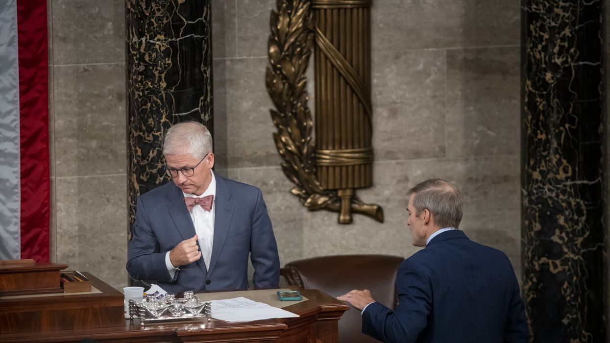 Speaker of the House of Representatives Pro Tem Patrick McHenry (Republican of North Carolina), left, talks with House Speaker nominee United States Representative Jim Jordan (Republican of Ohio) in the moments prior to the vote for Speaker of the House of Representatives, at the U.S. Capitol in Washington, DC, Wednesday, October 18, 2023. The House of Representatives has been without speaker since Speaker of the United States House of Representatives Kevin McCarthy (Republican of California) was ousted from the speakership on October 4, 2023, during a vote initiated by United States Representative Matt Gaetz (Republican of Florida), and led by a small group of fellow Republicans.