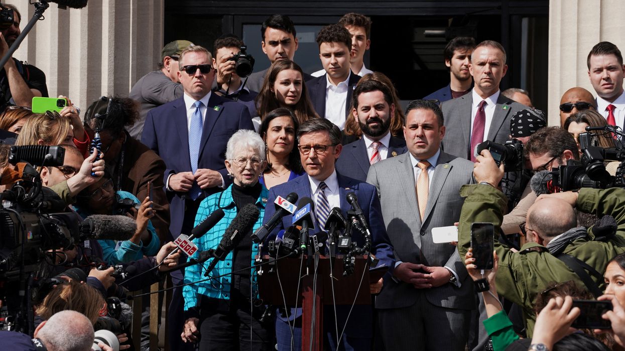 Speaker of the U.S. House of Representatives Mike Johnson (R-La.) attends a news conference at Columbia University in response to demonstrators protesting in support of Palestinians, amid the ongoing conflict between Israel and the Palestinian Islamist group Hamas, in New York City, U.S., April 24, 2024.