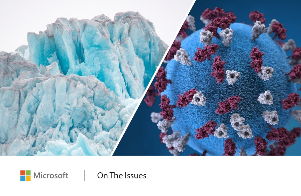 split image of glaciers and a coronavirus, up close
