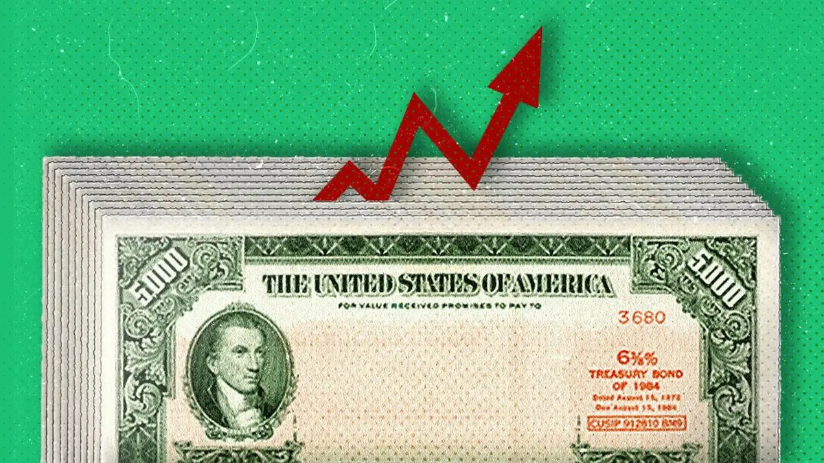 Stack of US dollar bills with ascending line