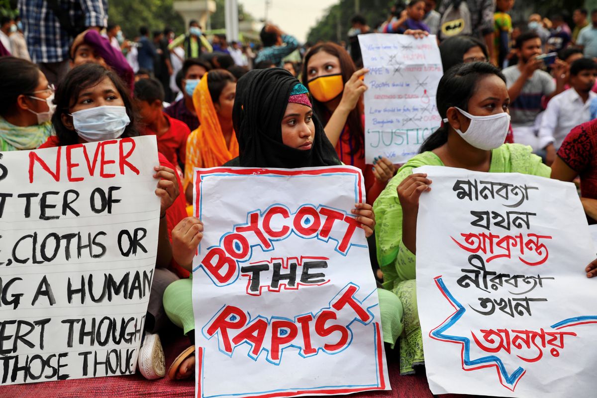 Students and activists take part in an ongoing protest demanding justice for an alleged gang rape of a woman in Noakhali, southern district of Bangladesh, amid the coronavirus disease (COVID-19) outbreak in Dhaka, Bangladesh