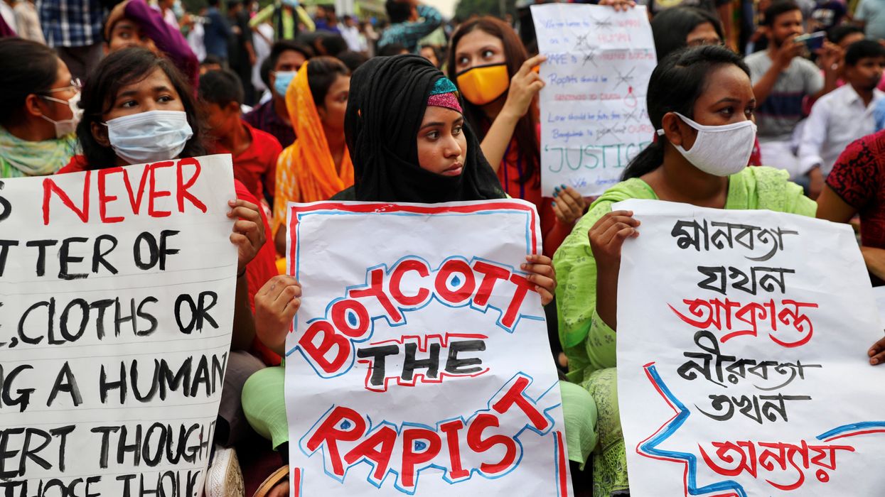 Students and activists take part in an ongoing protest demanding justice for an alleged gang rape of a woman in Noakhali, southern district of Bangladesh, amid the coronavirus disease (COVID-19) outbreak in Dhaka, Bangladesh