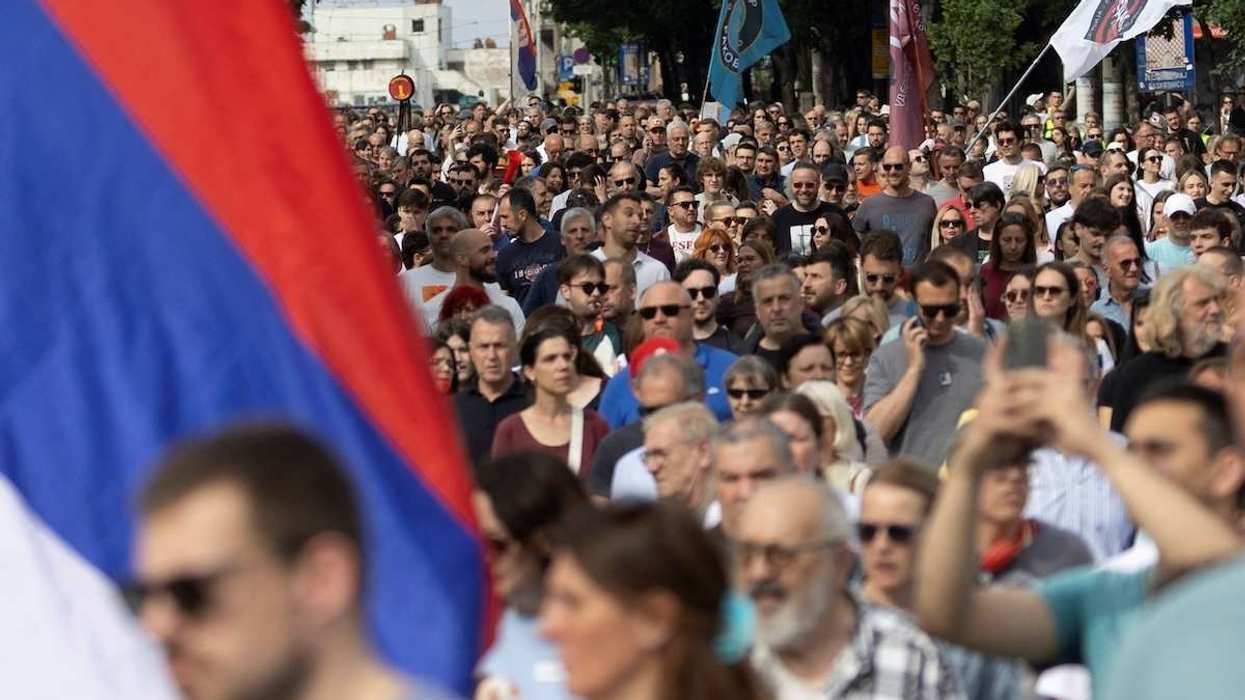 Students and their supporters take part in a protest in Serbia