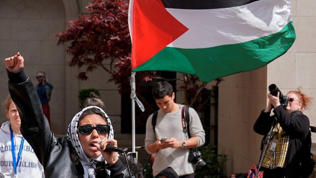 Students protest where they camp outside the entrance to Hamilton Hall on the campus of Columbia University, in New York, U.S., April 30, 2024.