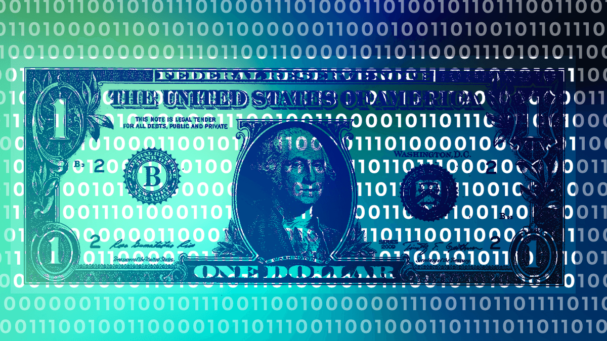 Stylized dollar bill with ones and zeroes ni a pattern