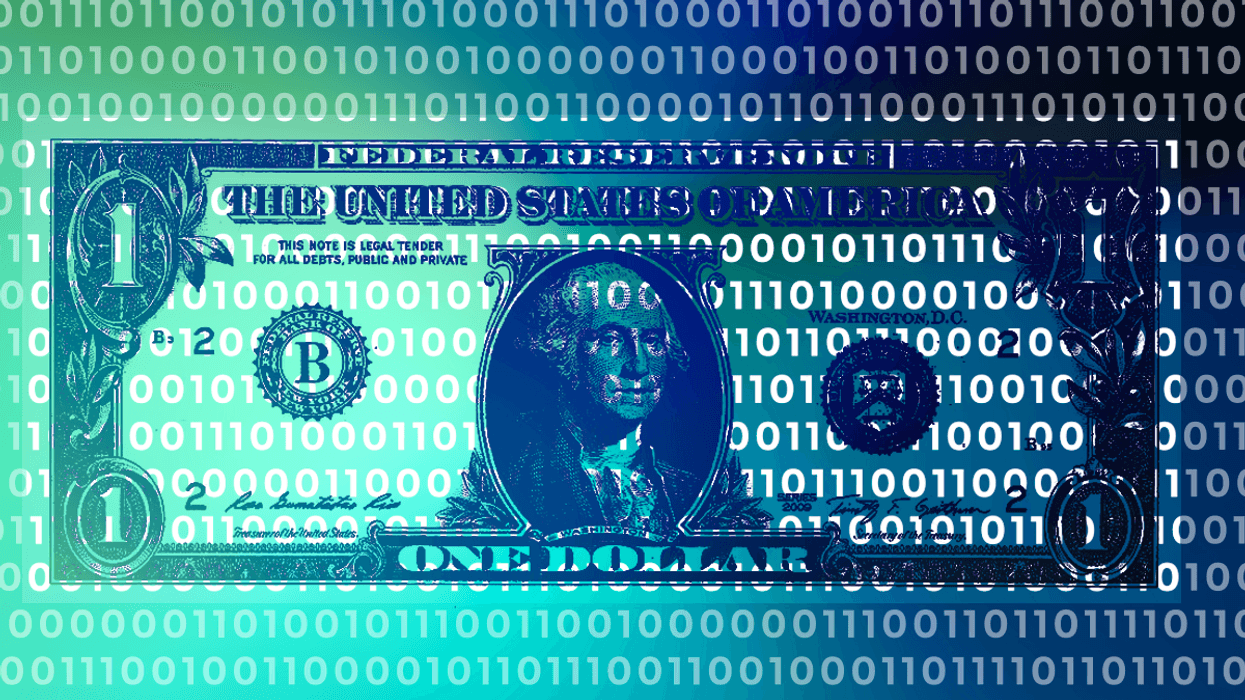 Stylized dollar bill with ones and zeroes ni a pattern