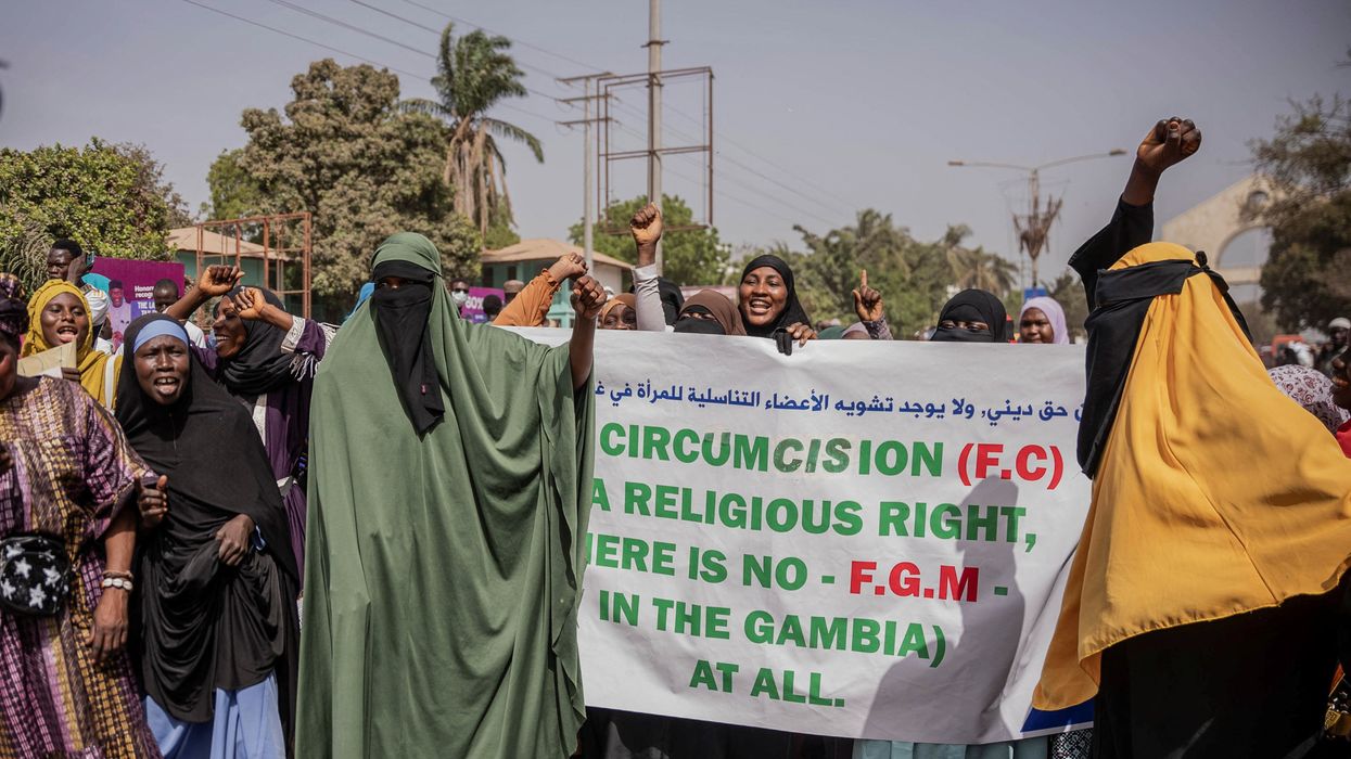 Supporters of a bill aimed at decriminalizing female genital mutilation demonstrate as parliament debates the bill in Banjul, Gambia March 18, 2024.