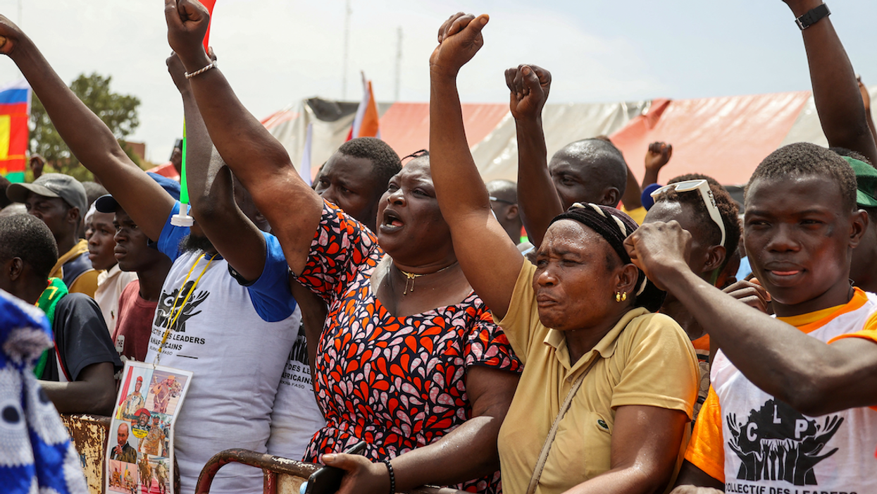 Supporters of Burkina Faso's junta attend a rally to mark the one-year anniversary of the coup that brought Captain Ibrahim Traore to power in Ouagadougou, Burkina Faso, on Sept. 29, 2023.