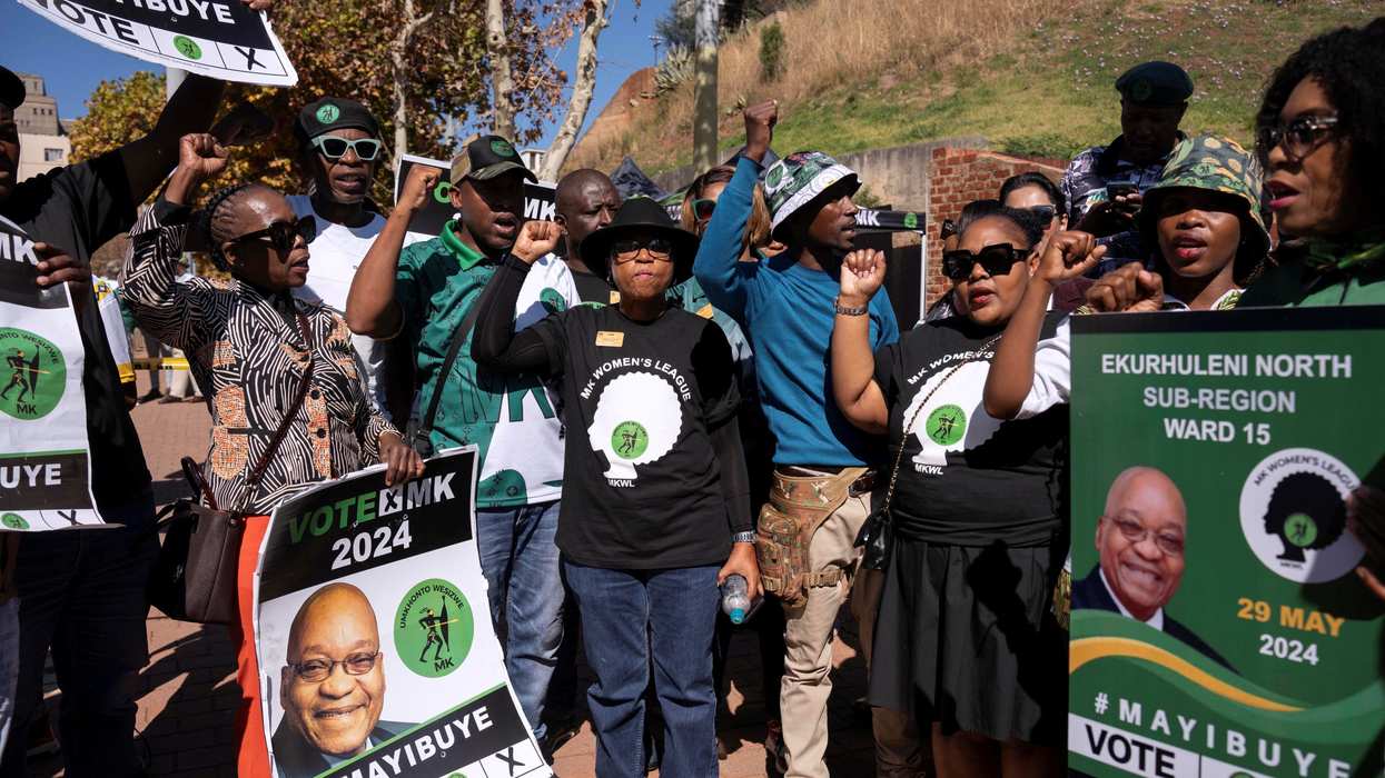 Supporters of former South African President Jacob Zuma protest outside the Constitutional Court which ruled that Zuma is not eligible to stand for office in the National Assembly, in Johannesburg, South Africa May 20, 2024.