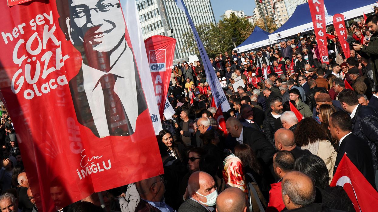 Supporters of Istanbul Mayor Ekrem Imamoglu demonstrate as a Turkish court reaches a verdict in his trial.