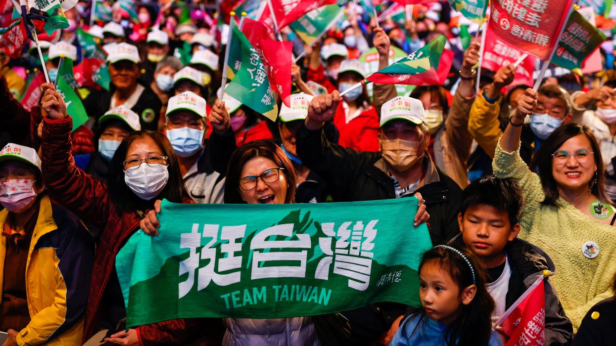 Supporters of Lai Ching-te, Taiwan's vice president and the ruling Democratic Progressive Party's presidential candidate attend, a campaign event in New Taipei City, Taiwan, on Jan. 6, 2024.