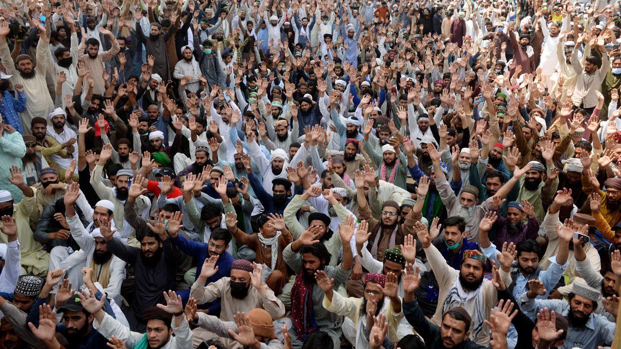 Supporters of the banned Islamist political party Tehrik-e-Labaik Pakistan (TLP) chant slogans during a protest in Lahore, Pakistan April 19, 2021.
