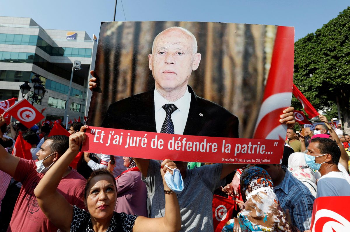 Supporters of Tunisian President Kais Saied rally in support of his seizure of power and suspension of parliament, in Tunis, Tunisia, October 3, 2021.