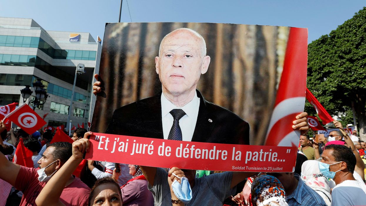 Supporters of Tunisian President Kais Saied rally in support of his seizure of power and suspension of parliament, in Tunis, Tunisia, October 3, 2021.