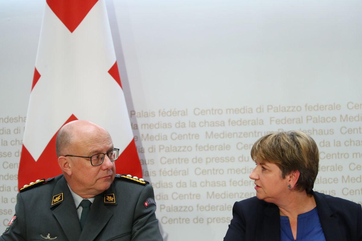 Swiss Defense Minister Viola Amherd attends a news conference with Philippe Rebord, Chief of the Swiss Armed Forces