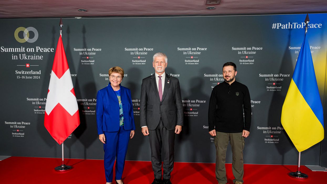 Swiss Federal President Viola Amherd poses with President Petr Pavel of the Czech Republic and President Volodymyr Zelenskyy of Ukraine during the Summit on Peace in Ukraine, in central Switzerland for the Summit on Peace in Ukraine, on June 15 and 16.
