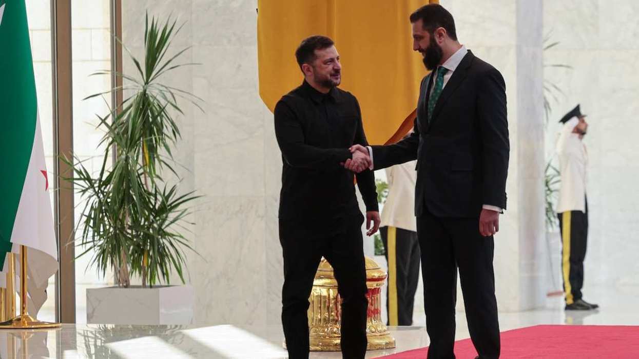 Syrian President Ahmad Al-Sharaa receives Ukrainian President Volodymyr Zelenskyy at the People's Palace in Damascus, Syria, on April 5, 2026.