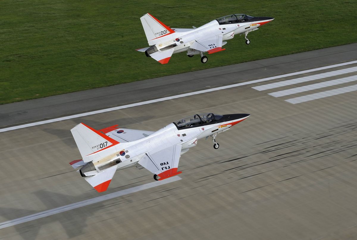 T-50 supersonic training planes take off for training at an airforce base in Gwangju, south of Seoul
