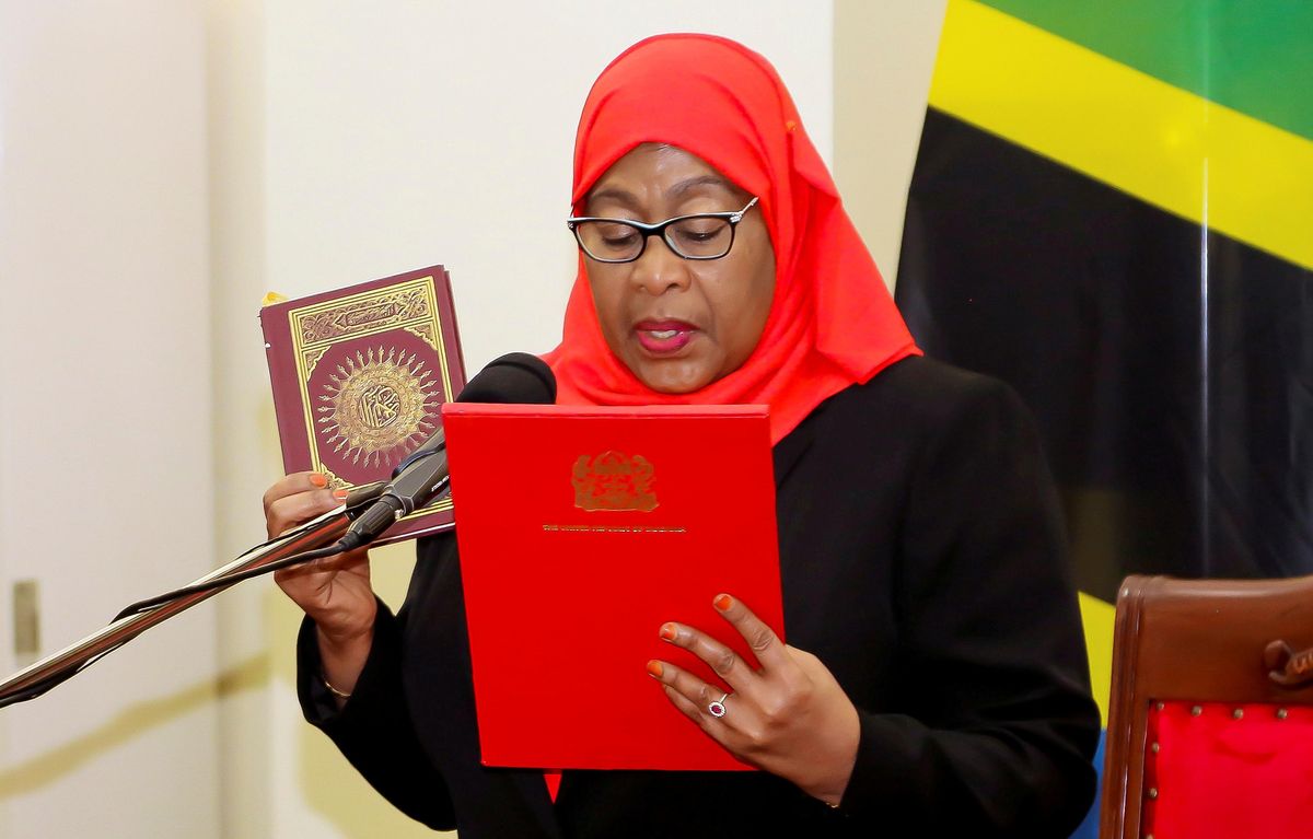 Tanzania's new President Samia Suluhu Hassan takes oath of office following the death of her predecessor John Pombe Magufuli at State House in Dar es Salaam, Tanzania March 19, 2021