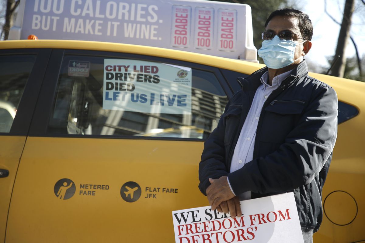 Taxi drivers gathered in protest by Gracie Mansion against the De Blasio debt restructuring proposal on March 9, 2021 in New York City. Cabbies cite that Mayor Bill de Blasio’s debt restructuring deal does not go far enough benefiting financial institutions