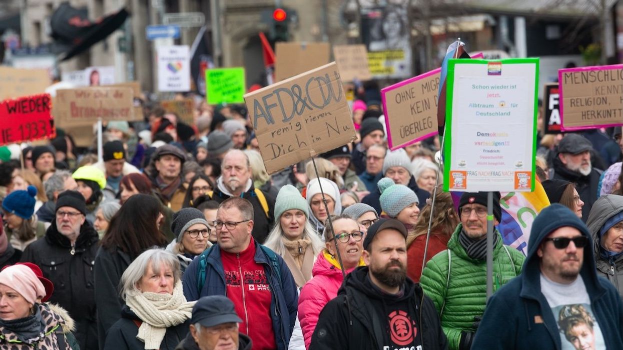 Ten thousand protesters gather in front of Duesseldorf Central Station to march against the AfD's upcoming afternoon rally in Duesseldorf, Germany, on Feb. 15, 2025.
