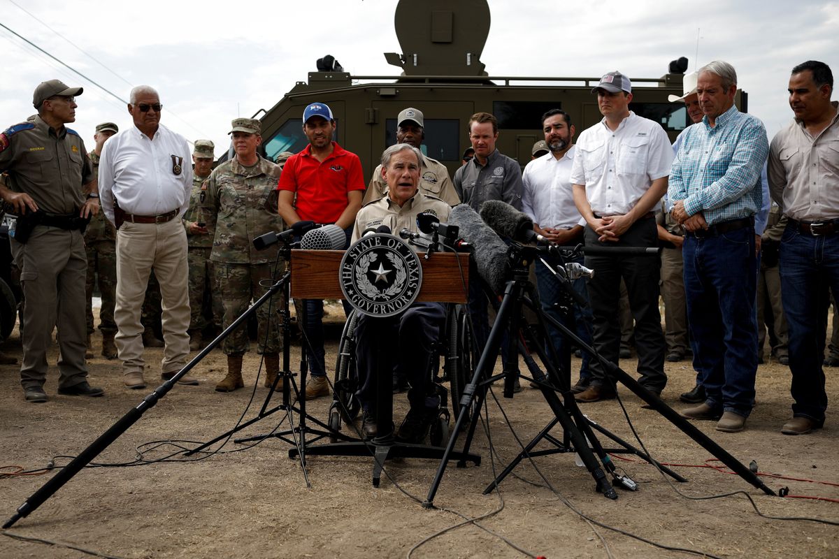 Texas Governor Gregg Abbott speaks during a news conference near the International Bridge between Mexico and the U.S