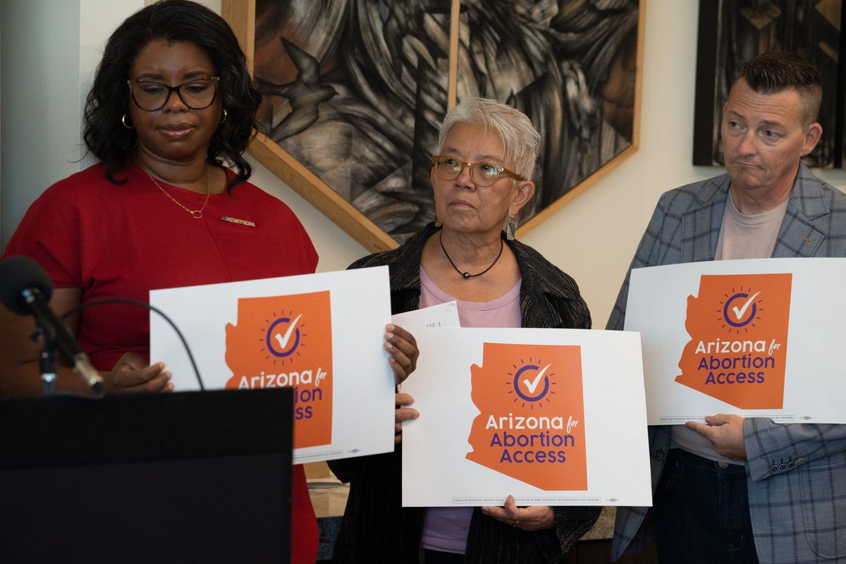 The Arizona for Abortion Access news conference at the law offices of Coppersmith Brockelman in Phoenix.