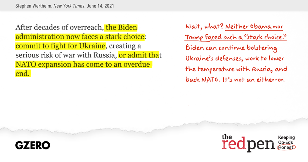 "...the Biden administration now faces a stark choice: commit to fight for Ukraine, or admit that NATO expansion has come to an overdue end." Wait, what? Neither Obama nor Trump faced such a stark choice.