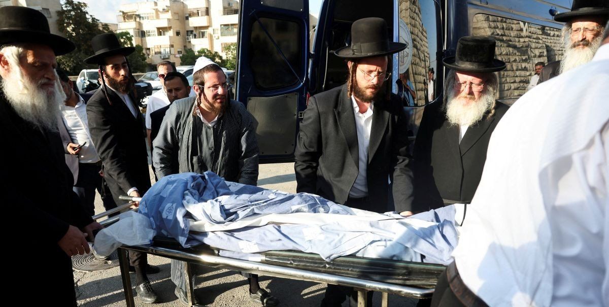 ​The body of Israeli Levi Itzhak Pash, who was killed when Palestinian gunmen opened fire at a bus stop at the outskirts of Jerusalem, is transported on the day of his funeral procession in Jerusalem September 8, 2025. 