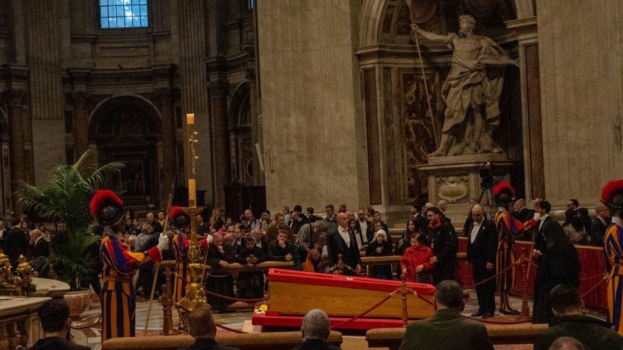 The body of Pope Francis in the coffin exposed in St. Peter's Basilica in Vatican City on April 24, 2025.