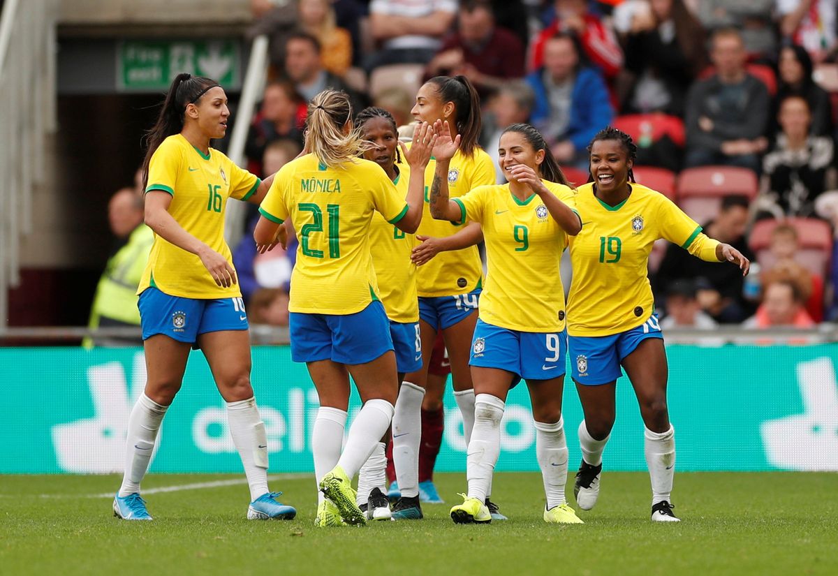 The Brazilian women's national football team during a friendly game with England in Middlesbrough, UK.