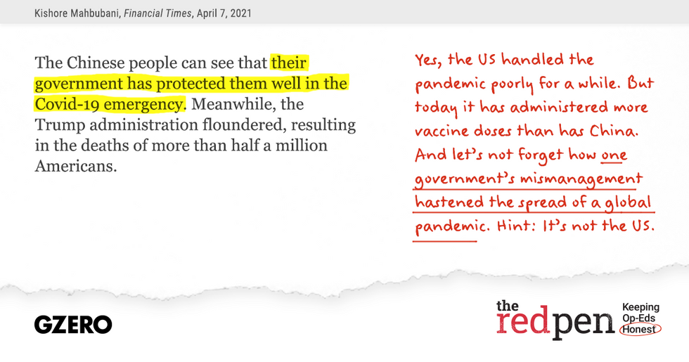 "The Chinese people can see that their government has protected them well in the COVID-19 emergency."  Let's not forget how one government's mismanagement hastened the spread of a global pandemic. Hint: It's not the US.