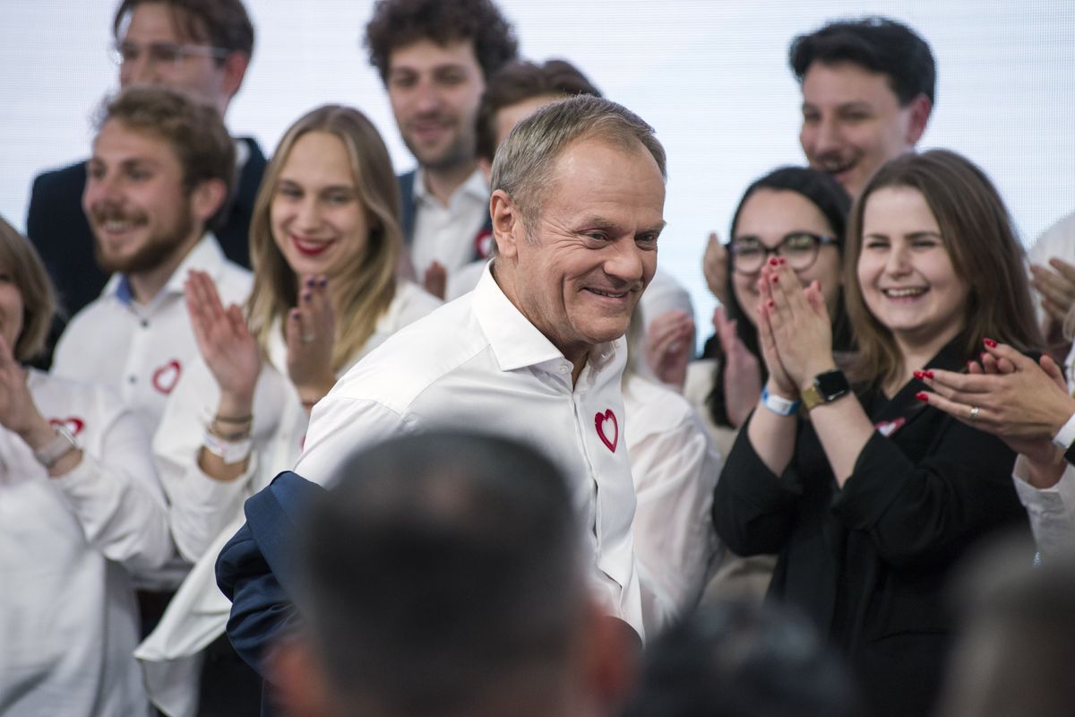 ​The Civic Coalition's leader Donald Tusk speaks during the election night in Warsaw. 