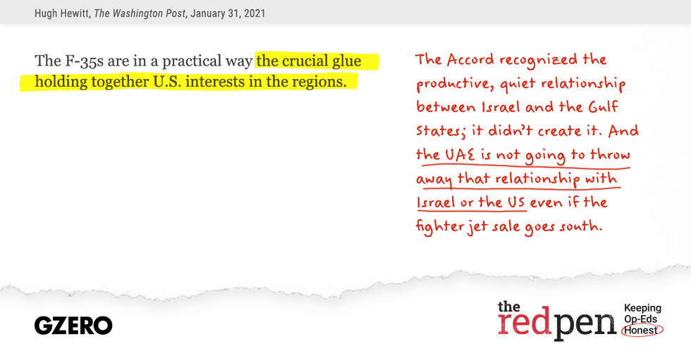 "...the crucial glue holding together US interests in the regions." The Accord recognized the productive, quiet relationship between Israel and the Gulf States; it didn't create it. And the UAE is not going to throw away that relationship with Israel or the US even if the fighter jet sale goes south. 