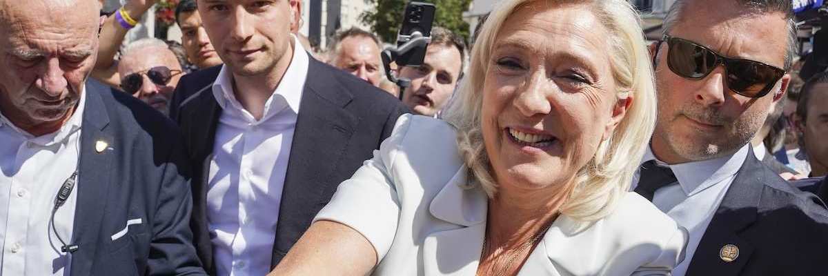 The day after announcing her candidacy for the 2027 presidential election, Marine Le Pen visits La Fleche, in the Sarthe department, on July 8, 2026.